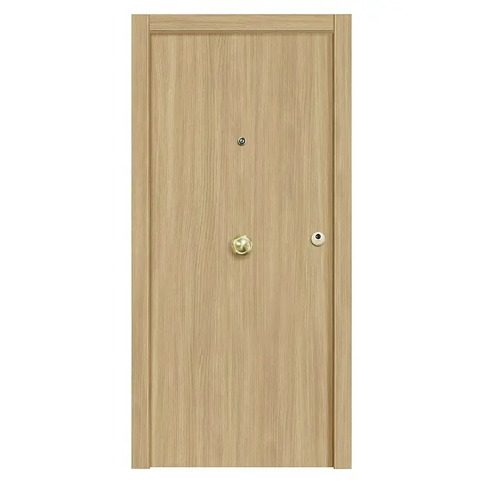 Solid Elements Puerta de entrada interior - 82,5 x 203 cm, Izquierda, Roble claro, Semiblindada - Elegante puerta de madera con mirilla, manija y cerradura. La puerta presenta un diseño sencillo y un aspecto de madera cálida para un ambiente acogedor.