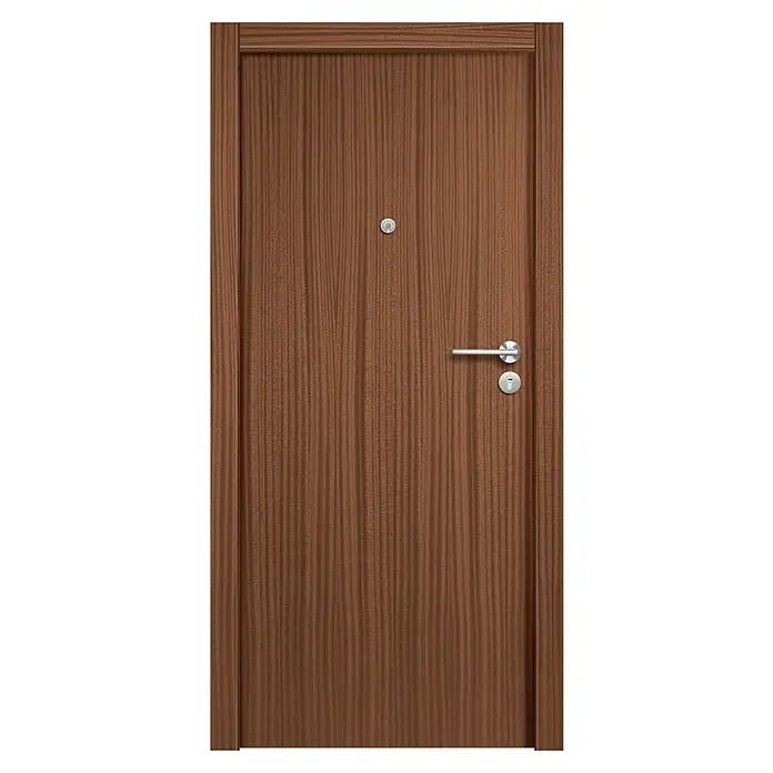 BHS Málaga Puerta de entrada interior - 82,5 x 203 cm, Derecha, Semiblindada - Elegante puerta de madera con manija y mirilla. La puerta destaca por su fina estructura de madera y diseño sencillo.