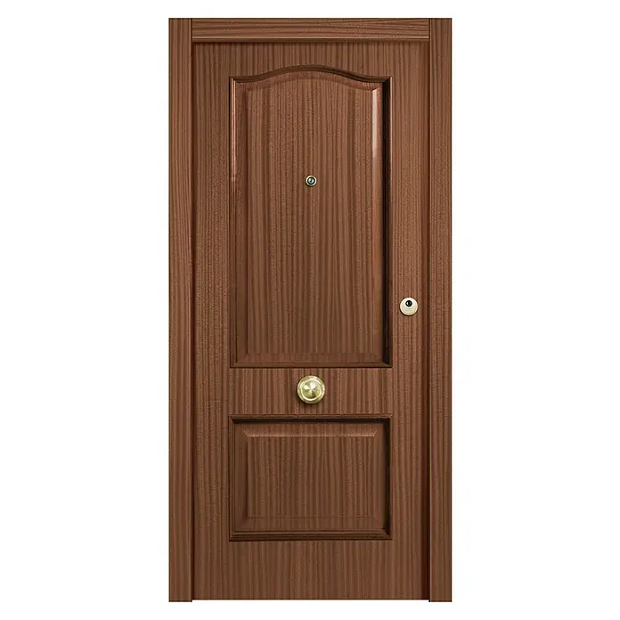BHS Málaga Puerta de entrada interior mixta - 82,5 x 203 cm, Izquierda, Semiblindada - Elegante puerta de madera con paneles, mirilla y pomo dorado. El diseño de la madera añade calidez y carácter.