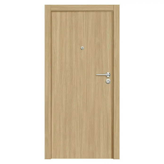 BHS Málaga Puerta de entrada interior mixta - 82,5 x 203 cm, Derecha, Semiblindada - Primer plano de una puerta moderna de madera clara con manija y mirilla plateadas, ideal para espacios de vida contemporáneos.