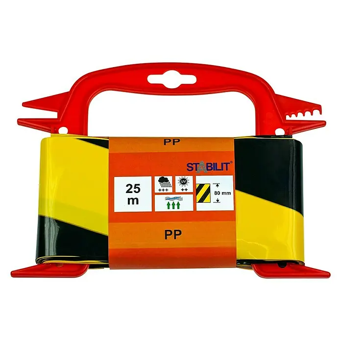 Stabilit Absperrband - 25 m x 80 mm, Gelb/Schwarz - Absperrband von Stabilit, 25 m Länge, gelb/schwarz gestreift, aus PP-Kunststoff, mit UV-Schutz und Tragegriff für einfache Handhabung und Lagerung.