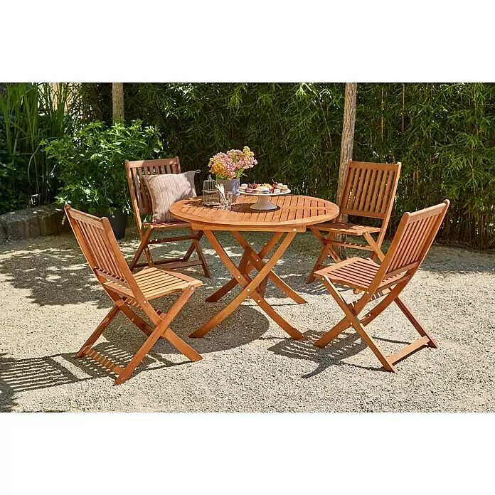 Sunfun Diana Gartentisch rund - Ø x H: 107 x 75 cm, Akazie, Naturbraun, Klappbar - Klappbares Gartenmöbel-Set aus Holz: ovaler Tisch und vier Lattenstühle für den Außenbereich.