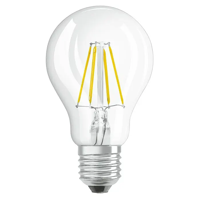 Osram LED-Lampe Glühlampenform E27 klar - E27, Nicht Dimmbar, Warmweiß, 470 lm, 4 W - Nahaufnahme einer klaren LED-Glühbirne mit sichtbaren gelben Filamenten und einem silbernen Sockel auf schwarzem Hintergrund.