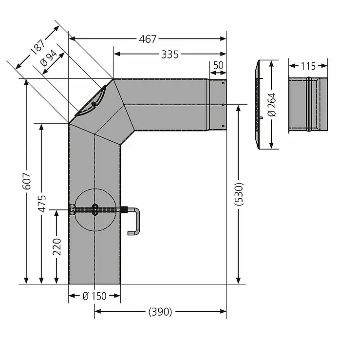 Justus Kaminrohr-Set - Durchmesser: 150 mm, Lackiert, Schwarz - Technische Zeichnung eines Eck-Kamins mit Maßangaben, inklusive Durchmesser und Längen für Planung und Installation.