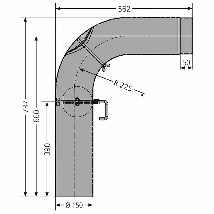 Justus Kaminrohr-Set - Durchmesser: 150 mm, Gezogen, Gussgrau - Technische Zeichnung eines Rohrbogens mit Maßen. Dargestellt sind Durchmesser, Höhen und Radius des Produkts für die Installation.