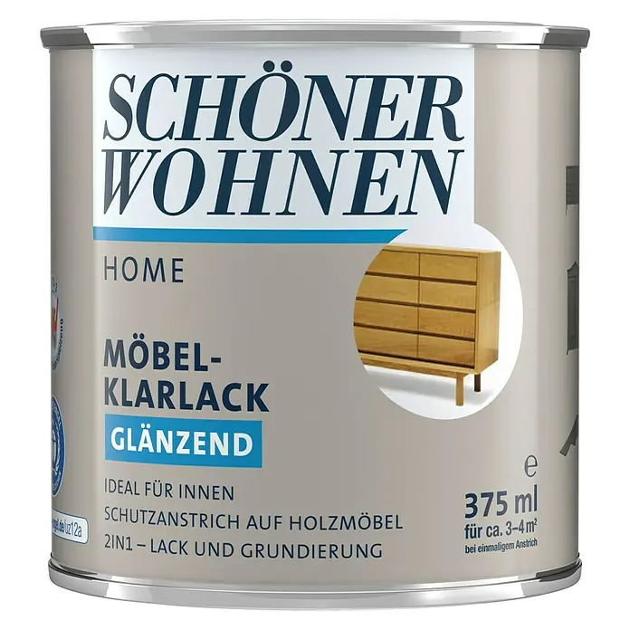 SCHÖNER WOHNEN-Farbe Home Möbel-Klarlack - Glänzend, 375 ml, Farblos - Dose Möbellack klar glänzend von Schöner Wohnen Home, 375ml für den Innenbereich zum Schutzanstrich von Holzmöbeln, 2in1 Lack und Grundierung.