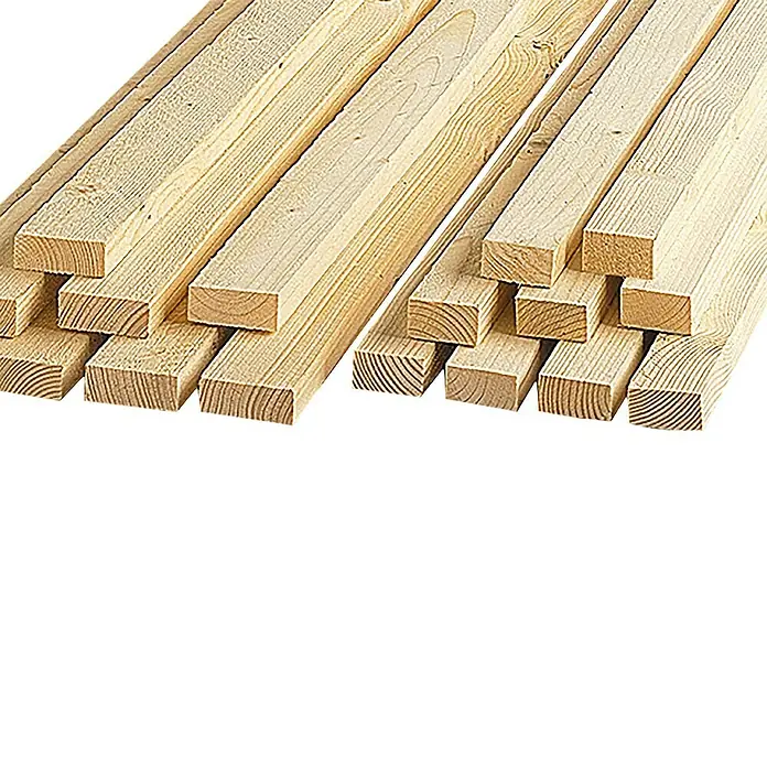 Listón para construcción - 300 x 3,7 x 1,7 cm, Abeto rojo - Madera clara apilada, perfecta para proyectos de construcción o carpintería. La textura y la veta de la madera son claramente visibles.