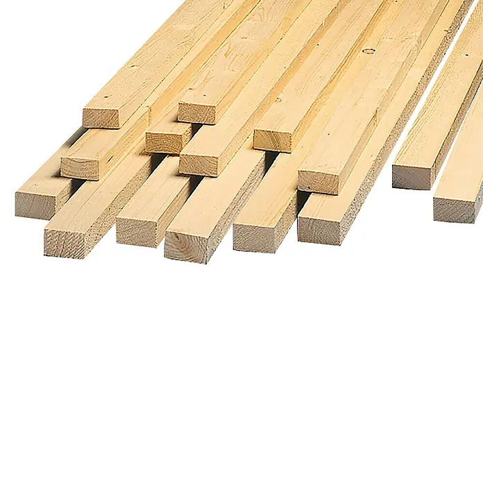 Listón para construcción - 250 x 4,8 x 2,4 cm, Abeto rojo - Pila de listones de madera claros y sin terminar, ideales para la construcción y proyectos de bricolaje, mostrando una veta de madera clara.