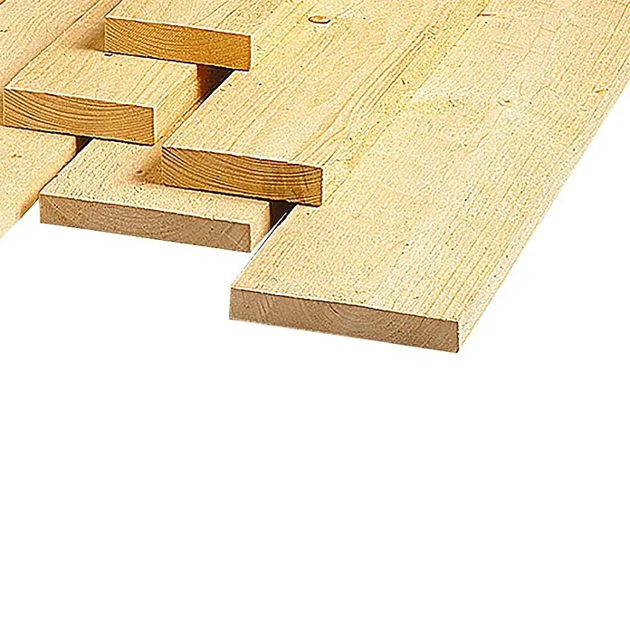 Tabla de encofrado - 300 x 10 x 2,3 cm, Abeto rojo - Primer plano de tablones de madera de pino apilados. La madera sin acabar tiene un color claro y una veta fina, ideal para construcción y proyectos artesanales.
