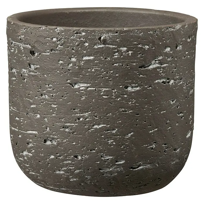 Soendgen Keramik Übertopf rund Portland - Außenmaß (Ø x H): 25 x 21 cm, Dunkelbraun, Keramik - Hier ist ein grauer Blumentopf mit einer strukturierten Oberfläche. Der Topf hat eine runde Form und ist für Pflanzen geeignet.