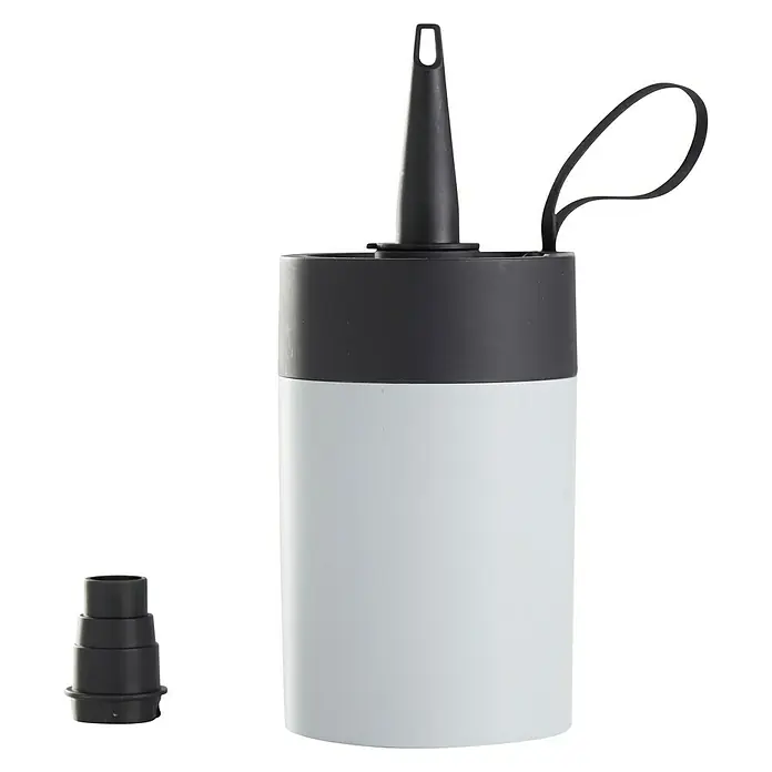 Malibu Luftpumpe - Ø x H: 7,6 x 12,4 cm, Hellgrau/Schwarz - Abgebildet ist eine weiße Quetschflasche mit schwarzem Deckel und Tülle sowie einem zusätzlichen Aufsatz.