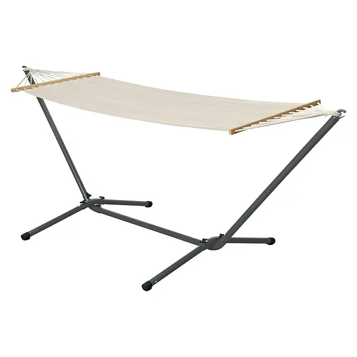 Hängematten-Set mit Gestell - L x B x H: 300 x 105 x 120 cm, Beige - Freistehende Hängematte mit robustem Gestell und bequemer Liegefläche für entspannte Stunden im Garten oder auf der Terrasse.