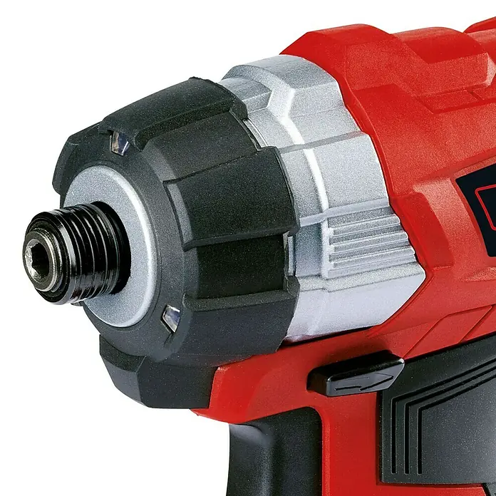 Einhell PXC 18V Atornillador de impacto de batería TE-CI 18 Li Brushless-Solo - 18 V, Sin batería, 180 Nm - Primer plano de un atornillador de impacto inalámbrico Einhell rojo con portabrocas negro y detalles plateados sobre fondo negro.