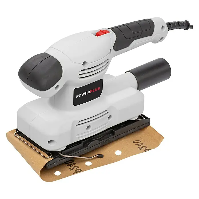 PowerPlus Lijadora orbital eléctrica POWC40100 - 150 W, 24.000 r.p.m. - Una lijadora orbital Powerplus blanca con papel de lija sobre un fondo negro.