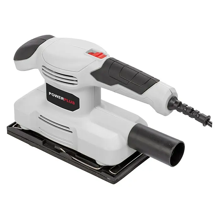 PowerPlus Lijadora orbital eléctrica POWC40100 - 150 W, 24.000 r.p.m. - Imagen de una lijadora orbital Powerplus. La lijadora es gris y negra y está sobre un fondo negro.