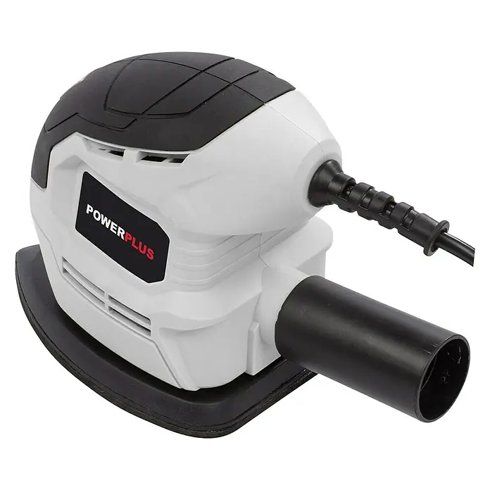 PowerPlus Lijadora multifunción eléctrica  POWC40200 - 130 W, Número de oscilaciones marcha en vacío: 28.000 r.p.m., Diámetro circuito oscilante: 1,2 mm - Imagen de una lijadora excéntrica Powerplus en blanco y negro. La herramienta está diseñada para tareas de lijado.
