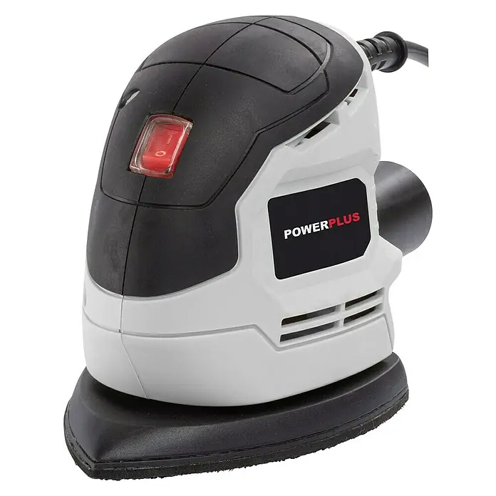 PowerPlus Lijadora multifunción eléctrica  POWC40200 - 130 W, Número de oscilaciones marcha en vacío: 28.000 r.p.m., Diámetro circuito oscilante: 1,2 mm - Una lijadora delta Powerplus en blanco y negro con un interruptor rojo de encendido/apagado, ideal para tareas de lijado.