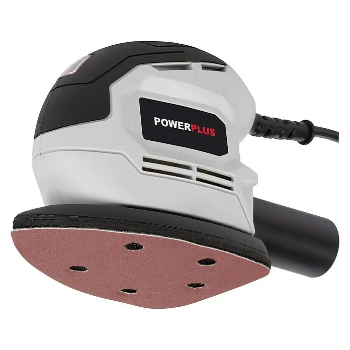 PowerPlus Lijadora multifunción eléctrica  POWC40200 - 130 W, Número de oscilaciones marcha en vacío: 28.000 r.p.m., Diámetro circuito oscilante: 1,2 mm - Primer plano de una lijadora orbital Powerplus gris y negra con papel de lija adherido a la parte inferior.