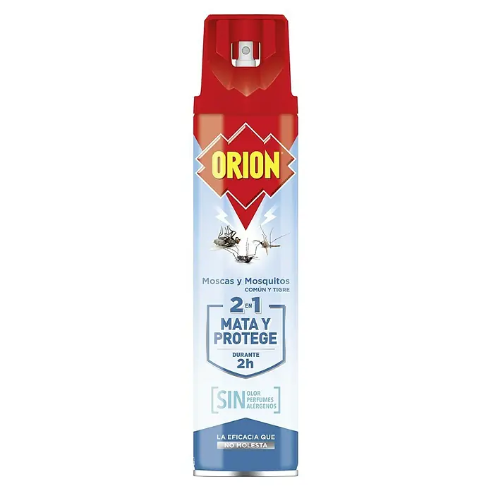 Antiorugas biológico 2 en 1 - 600 ml - Bote de spray insecticida Orion, eficaz contra moscas y mosquitos, protege hasta 2 horas, sin fragancias.