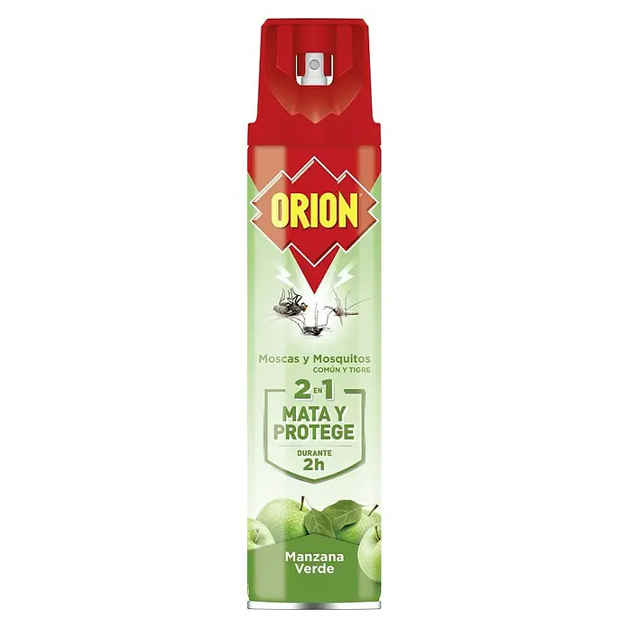Antiorugas biológico 2 en 1 aroma manzana - 600 ml - Una lata de insecticida Orion para matar moscas y mosquitos con aroma a manzana, que ofrece hasta 2 horas de protección.