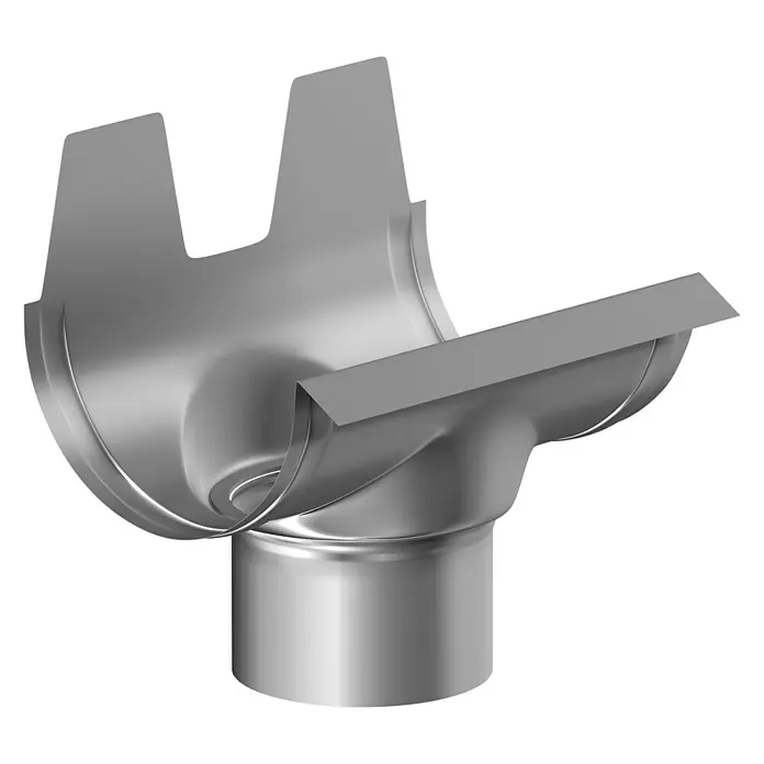 Sarei Rinnenstutzen - 80/60 mm, Aluminium, Silber - Ein detailliertes Bild eines Regenrinnenkastens aus Metall, der für die Installation an Dachrinnen entwickelt wurde, um Wasser abzuleiten.