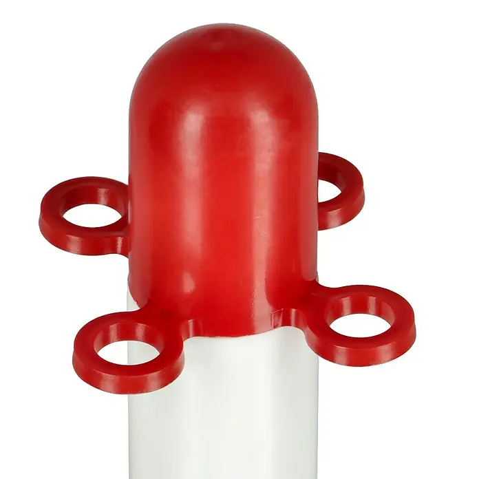 Sperrpfosten - Ø x H: 45 x 850 mm, Polypropylen, Rot/Weiß - Roter Absperrpfosten mit vier Ösen zur Befestigung von Absperrbändern, ideal zur Besucherlenkung und Sicherheit.