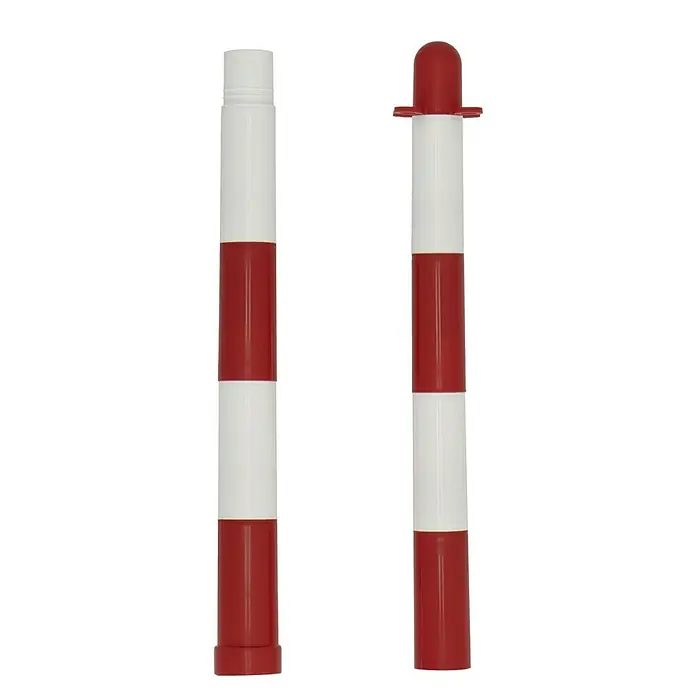 Sperrpfosten - Ø x H: 45 x 850 mm, Polypropylen, Rot/Weiß - Zwei rot-weiß gestreifte Leitpfosten für Verkehrssicherheit, der rechte mit roter Kugel.
