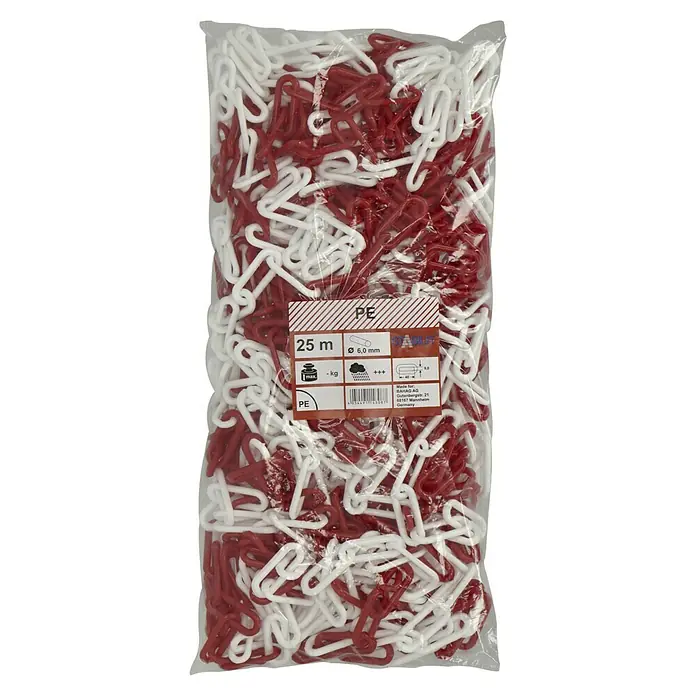 Stabilit Absperrkette - Ø x L: 6 mm x 25 m, Rot/Weiß - Eine Nahaufnahme einer Tüte mit rot-weißen PE-Absperrketten, ideal zur Kennzeichnung und Absperrung von Bereichen.