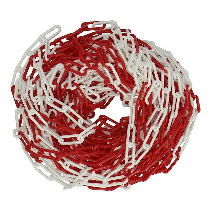 Stabilit Absperrkette - Ø x L: 6 mm x 25 m, Rot/Weiß - Ein Haufen rot-weißer Plastikkette auf einem schwarzen Hintergrund, ideal zur Absperrung von Bereichen.