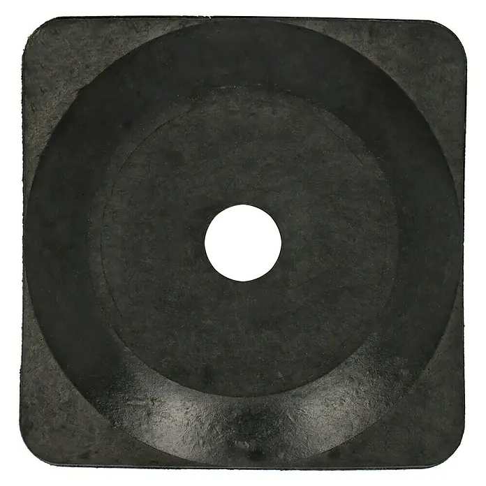Befestigungssockel - Schwarz, L x B: 265 x 265 mm, 1 Stk. - Nahaufnahme einer schwarzen, quadratischen Gummihalterung mit einer zentrierten kreisförmigen Aussparung und einem Loch in der Mitte.