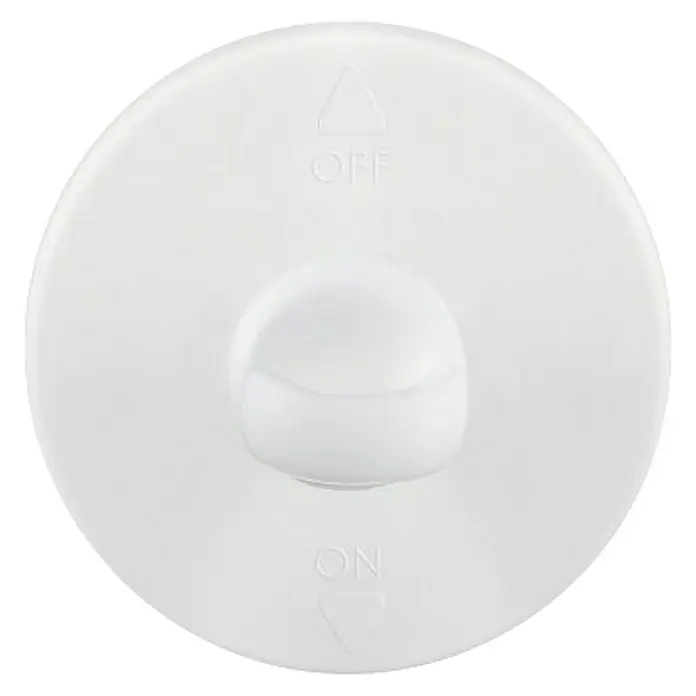 Tesa Colgador adhesivo de techo - Blanco - Interruptor redondo blanco con "OFF" en la parte superior, "ON" en la parte inferior y un botón que sobresale en el centro.