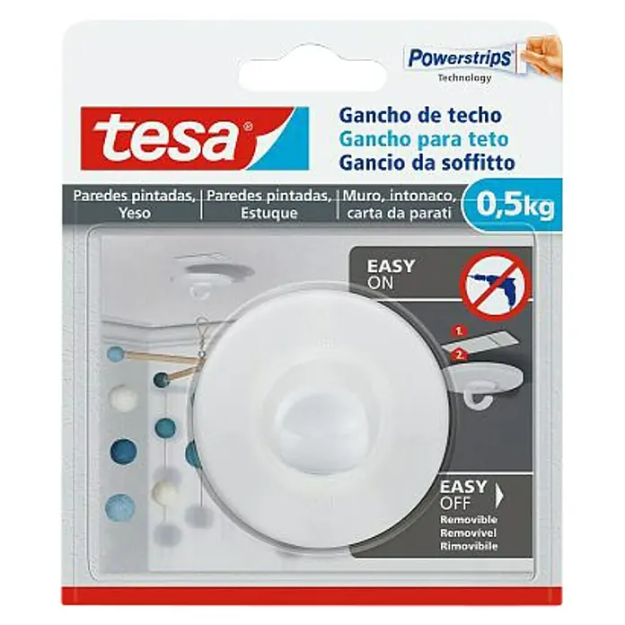 Tesa Colgador adhesivo de techo - Blanco - Gancho de techo Tesa Powerstrips para un montaje fácil sin taladro, ideal para colgar decoraciones ligeras hasta 0,5 kg.