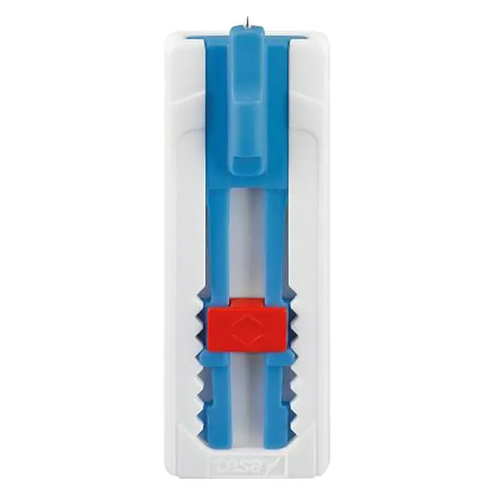 Tesa Clavo adhesivo Lienzo - Blanco, Carga soportada: 1 kg, 2 ud. - Dispensador de escritorio Tesa Easy Cut Smart: Dispensador blanco con guía de cinta azul y cuchilla de corte roja para dispensar fácilmente la cinta adhesiva.