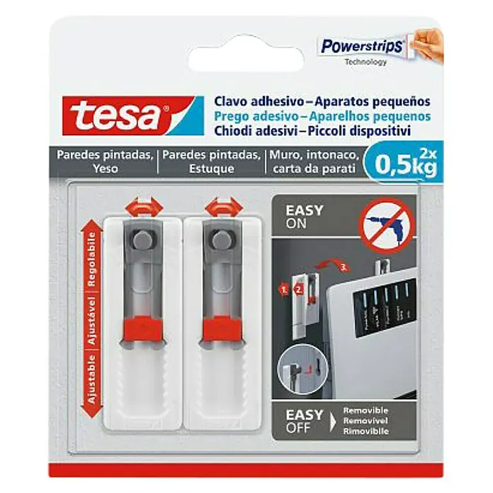 Tesa Clavo adhesivo - Carga soportada: 0,5 kg, 2 ud., Paredes pintadas, Blanco - Clavos adhesivos Tesa Powerstrips para aparatos pequeños: Clavos adhesivos ajustables para un montaje fácil sin taladrar, ideal para paredes.