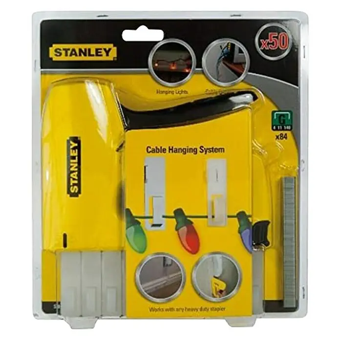 Stanley Grapadora de cables STHT6-70989 - Abrazadera de cables - Sistema de colgador de cables Stanley: Ideal para colgar luces y cables de Navidad. Incluye 50 clips y 84 grapas. Funciona con grapadoras comunes.