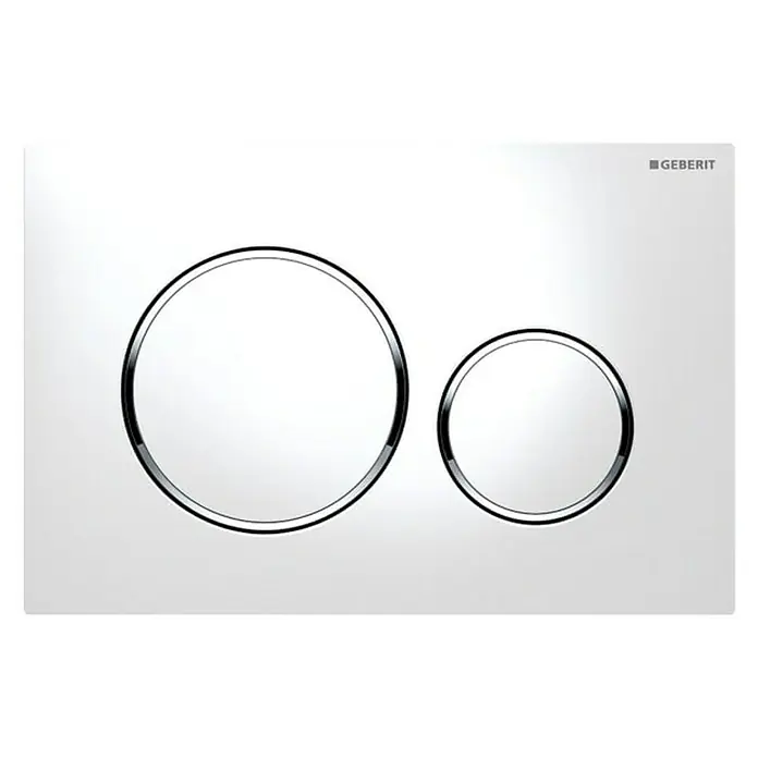 Geberit Betätigungsplatte Sigma 20 115.882.KJ.1 - Weiß, 2-Mengen-Spülung - Nahaufnahme einer Geberit Betätigungsplatte mit zwei runden Tasten zur Spülung, die ein elegantes und modernes Design aufweist.