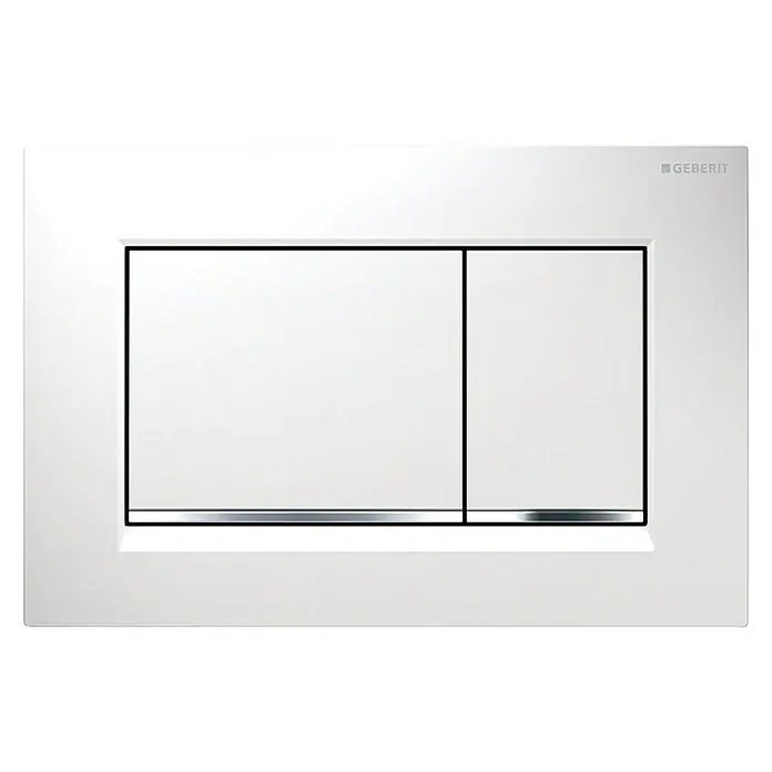 Geberit Betätigungsplatte Sigma 20 - 115.883.KJ.1Weiß Hochglanz, 2-Mengen-Spülung - Nahaufnahme einer Geberit Betätigungsplatte in strahlendem Weiß, ein elegantes Detail für moderne Badezimmer.