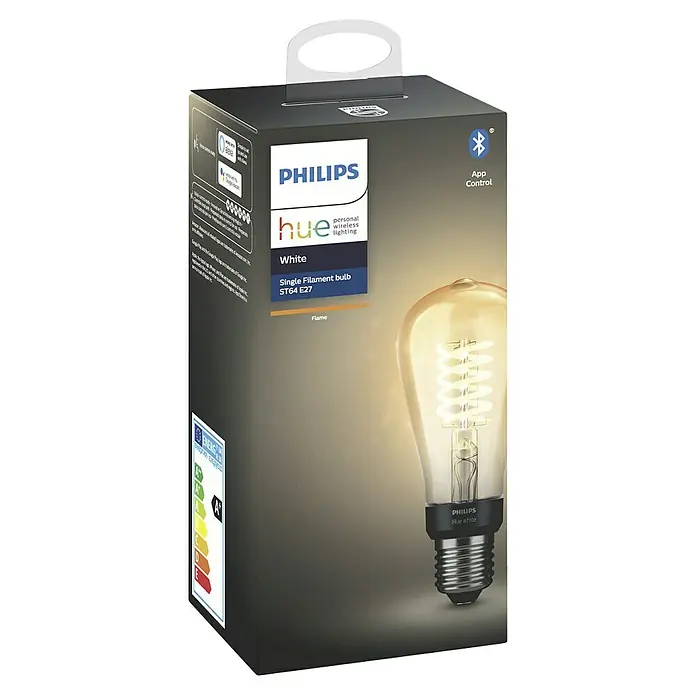 Philips Hue Bombilla LED inteligente Filamento blanco - E27, Intensidad regulable, Blanco cálido, 550 lm, 7 W, Denominación de la lámpara: ST64 - Embalaje de una bombilla Philips Hue White Single Filament ST64 E27 "Flame", una solución de iluminación inalámbrica inteligente.