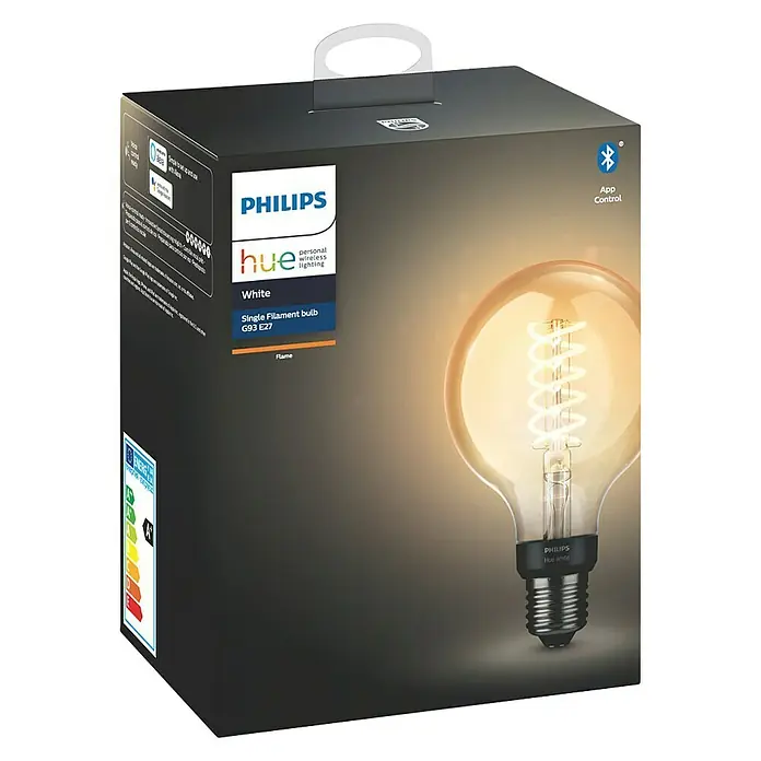 Philips Hue Bombilla LED inteligente Filamento blanco - E27, Intensidad regulable, Blanco cálido, 550 lm, 7 W, Denominación de la lámpara: G93 - Imagen del embalaje de la bombilla Philips Hue White Filament G93 E27, destacando su control por app e iluminación de estilo vintage.
