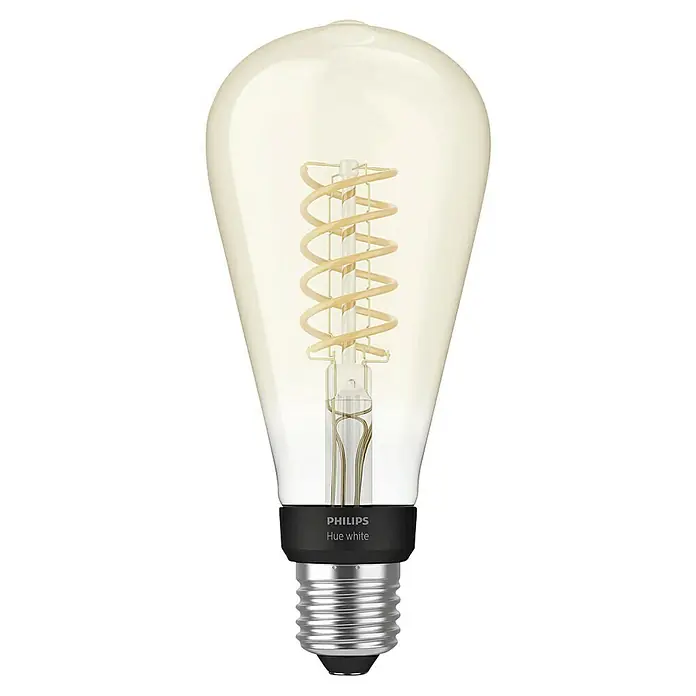 Philips Hue Bombilla LED inteligente Filamento Edison - E27, Intensidad regulable, Blanco cálido, 550 lm, 7 W, Denominación de la lámpara: ST72 - Primer plano de una bombilla de filamento Philips Hue White, mostrando su diseño de filamento visible, que ofrece una luz cálida y regulable.