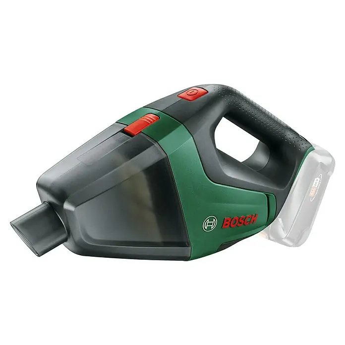 Bosch Power for All 18V Akku-Handstaubsauger UniversalVac 18 - 18 V, Ohne Akku, Behältervolumen: 0,5 l - Ein grüner und schwarzer Bosch Akku-Handsauger mit rotem Knopf ist auf einem schwarzen Hintergrund zu sehen. Praktisch und leicht für schnelle Reinigung.