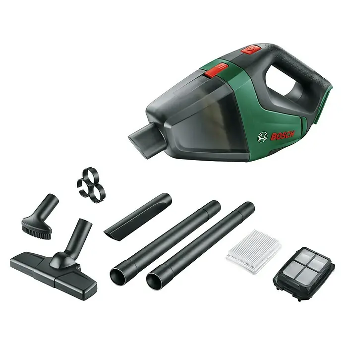 Bosch Power for All 18V Akku-Handstaubsauger UniversalVac 18 - 18 V, Ohne Akku, Behältervolumen: 0,5 l - Abbildung eines Bosch Akku-Handsaugers mit Zubehörteilen wie Düsen und Filter, ideal für die schnelle Reinigung.