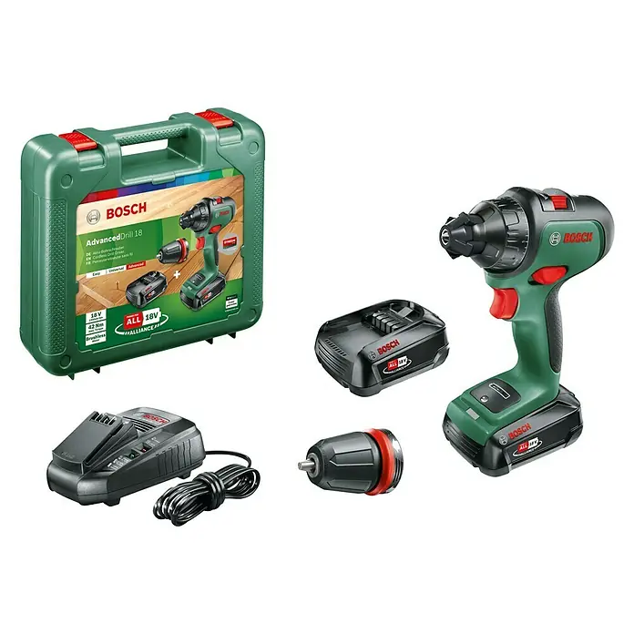 Bosch Power for All 18V Akku-Bohrschrauber AdvancedDrill 18 - 18 V, 2 Akkus, 2,5 Ah, 32 Nm - Akkuschrauber Bosch AdvancedDrill 18 mit Koffer, Akku, Ladegerät und Bohrfutter für vielseitige Anwendungen im Haus und der Werkstatt.