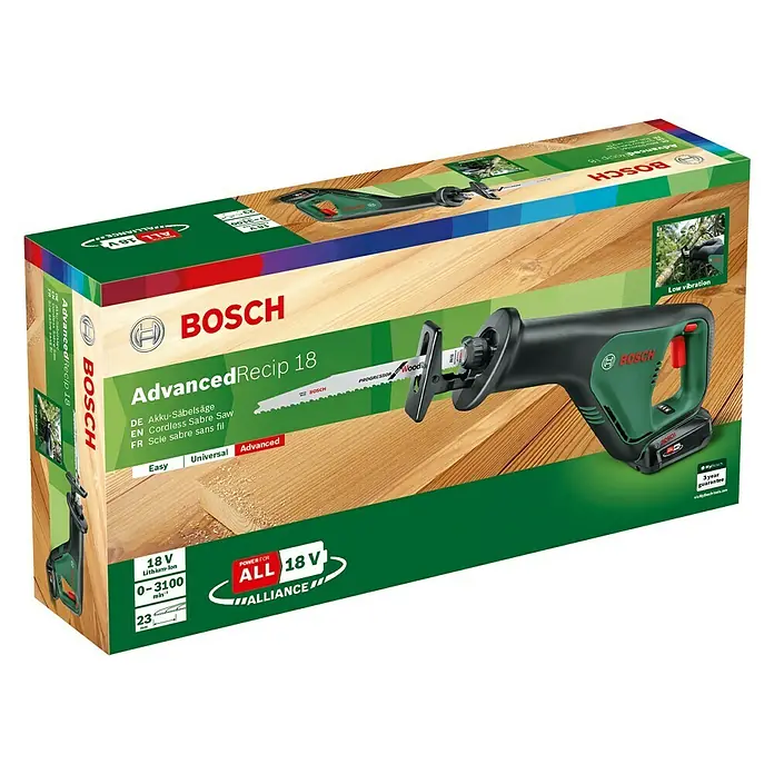 Bosch Power for All 18V Akku-Säbelsäge AdvancedRecip 18 - 18 V, 1 Akku, 2 Ah, Leerlaufhubzahl: 0 /min - 3.100 /min - Abbildung der Bosch AdvancedRecip 18 Akku-Säbelsäge, ideal für müheloses Sägen.