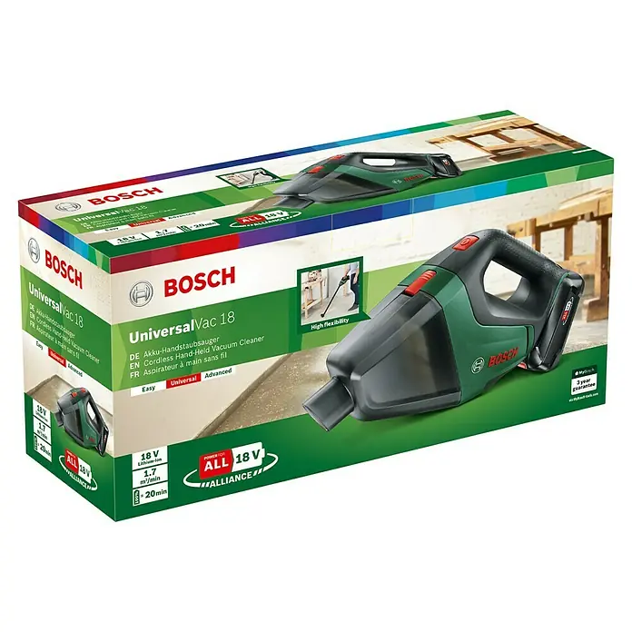 Bosch Power for All 18V Akku-Handstaubsauger UniversalVac 18 - 18 V, 1 Akku, 2,5 Ah, Behältervolumen: 0,5 l - Produktbild des Bosch UniversalVac 18 Akku-Handstaubsaugers in der Verpackung. Ein vielseitiger und kompakter Staubsauger für den Hausgebrauch.
