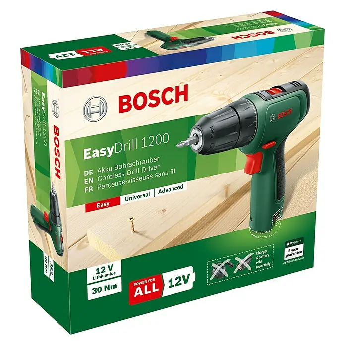 Bosch Power for All 12V Akku-Bohrschrauber EasyDrill 1200 - 12 V, Ohne Akku - Produktverpackung des Bosch EasyDrill 1200 Akku-Bohrschraubers, ideal für Heimwerkerprojekte.