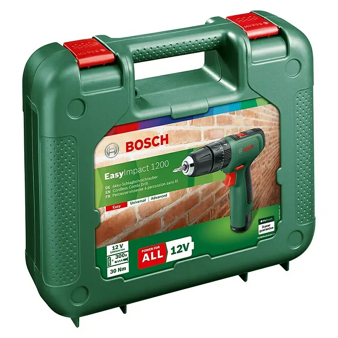 Bosch Power for All 12V Akku-Schlagbohrschrauber EasyImpact 1200 - 12 V, 1 Akku, 1,5 Ah - Abbildung einer grünen Bosch EasyImpact 1200 Akku-Schlagbohrmaschine in einem grünen Koffer mit rotem Verschluss.
