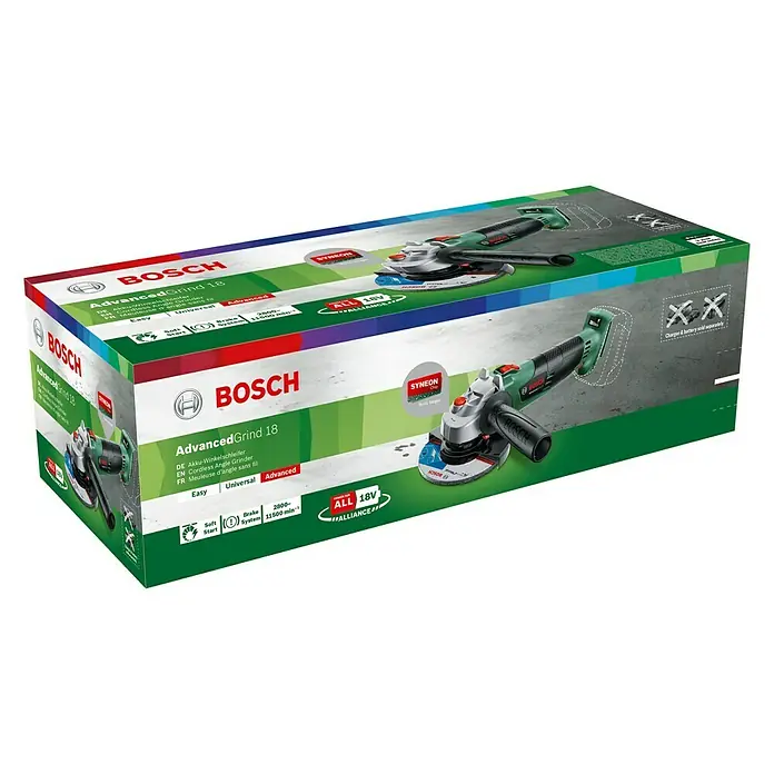 Bosch Power for All 18V Amoladora angular de batería AdvancedGrind 18 - 18 V, Sin batería, Diámetro disco: 125 mm - Embalaje de una amoladora angular inalámbrica Bosch AdvancedGrind 18, una herramienta versátil para tareas de esmerilado.