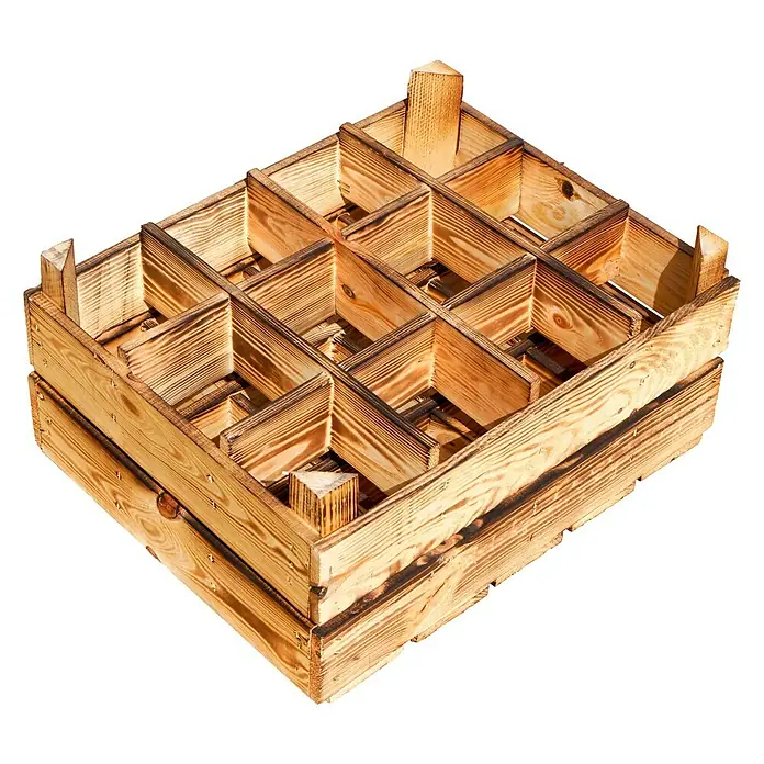 Flaschenregal - 23 x 40 x 50 cm - Rustikale Holzkiste mit Fächern für Flaschen oder andere Gegenstände, gefertigt aus dunklem Kiefernholz.