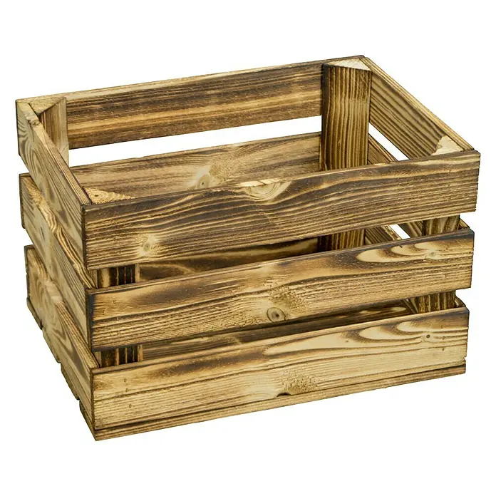 Holzkiste Bella - L x B x H: 40 x 25 x 30 cm, Braun - Eine rustikale Holzkiste mit dunklen Maserungen, ideal für Lagerung oder Dekoration.